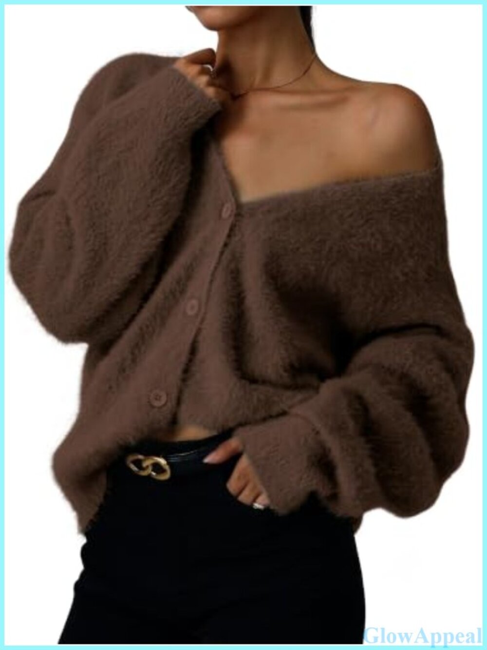 Fuzzy Knit V-Neck Button Down Cardigan Soft Sweater
